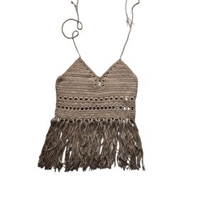Forever 21 Tan Crochet Fringe Halter Beach Festival Top ~ Medium Bohemian